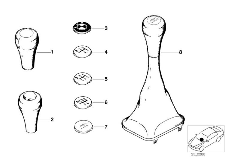 Pomello del cambio senza emblema, numero 02 nell'illustrazione