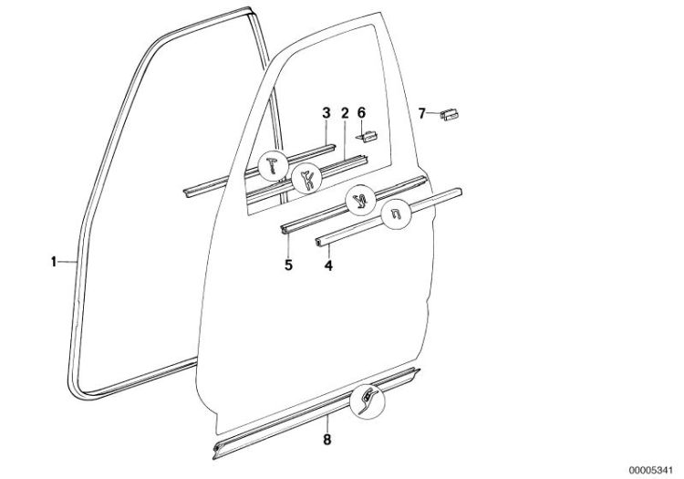 Door weather strip outer right, Number 05 in the illustration