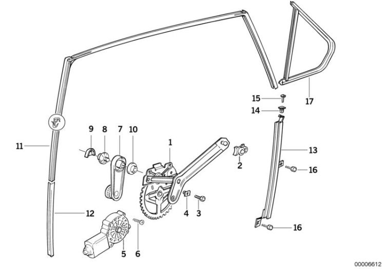 Mécanisme de lève-vitre arrière gauche, numéro 01 dans l'illustration
