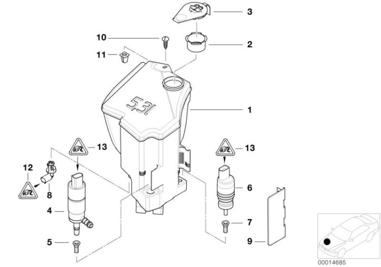 61677008057 HEAD LAMP CLEANING DEVICE CONTAINER Vehicle electrical system Windscreen wiper syst head lamp cleaning BMW Z4 Roadster E89 61678362562 E46 E85 E86 >57023<, Contenitore p impianto di pulitura fari