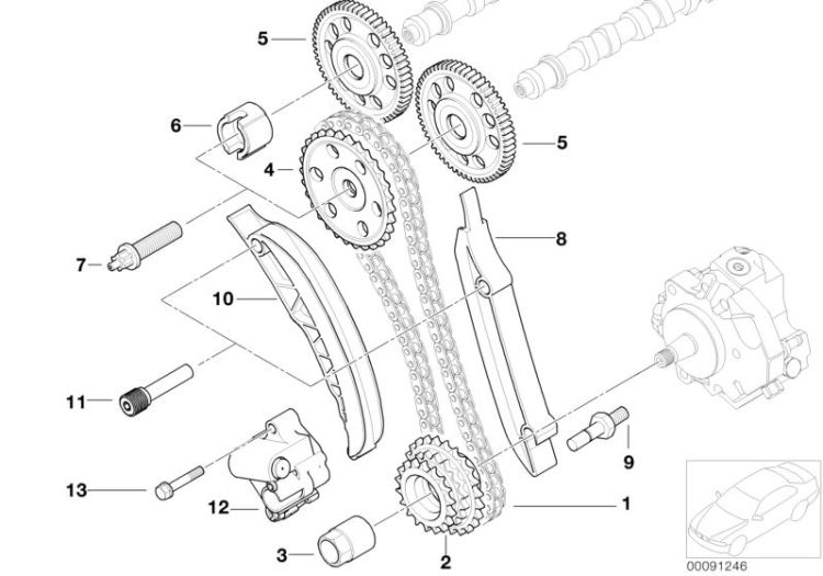 Pignon à chaîne de arbre à cames, numéro 04 dans l'illustration