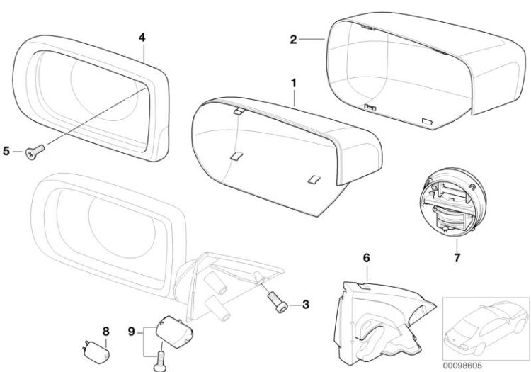 51167001037 Cover cap bottom left Vehicle trim Outside mirror BMW 6er E24 E39 E38 >98605<, Caperuza inferior izqu.