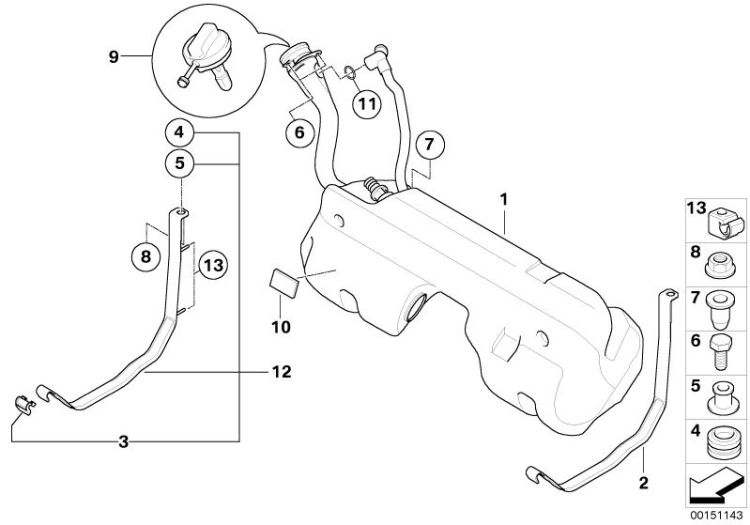 Plastic fuel tank with left sensor, Number 01 in the illustration