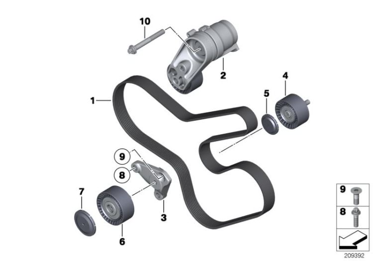 Belt drive-alternator/AC/power steering ->