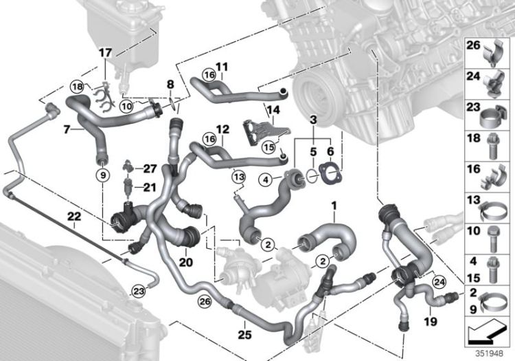 Hose, cylinder head-thermostat, Number 07 in the illustration