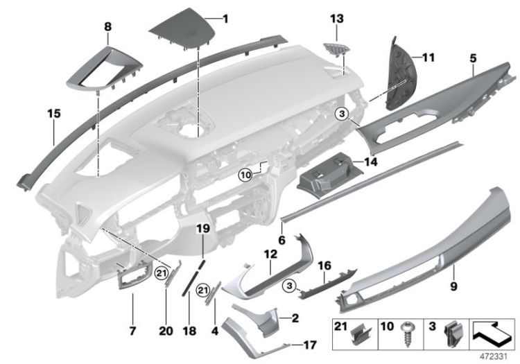 51459270468 Trim instr panel oxid silver front pass  Vehicle trim Instrument carrier  mounting parts BMW Z4 Roadster E85 X5  F16 >472331<, Masch.planc.strum.oxid argento guidatore